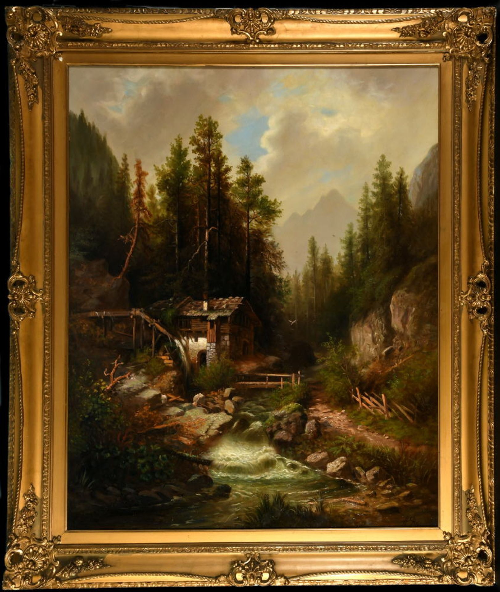 Rieger, A., Künstler tätig 19./20. Jh.Öl/Sperrholzplatte, 105 x 85 cm, " Gebirgsbach mit Wassermühle