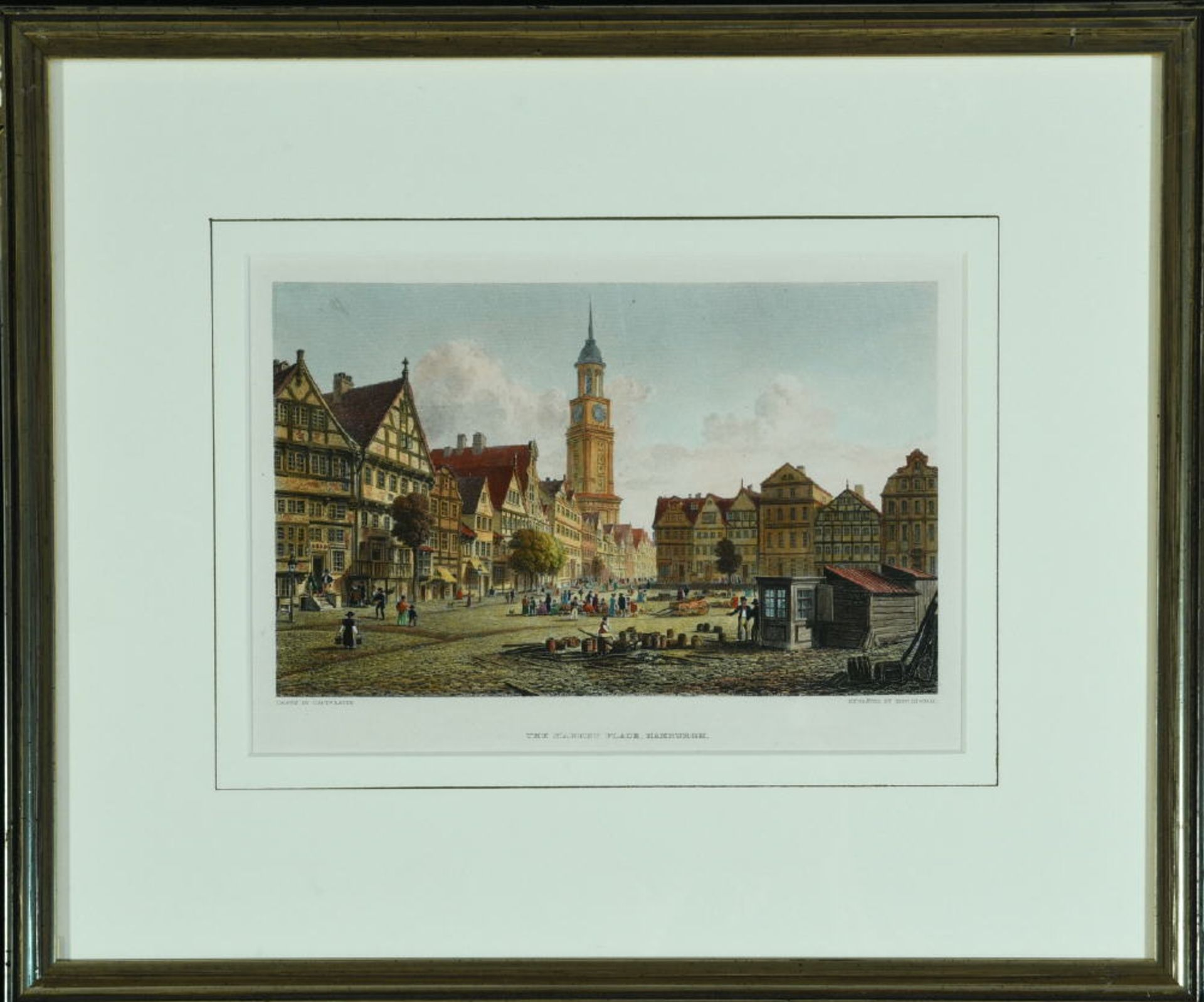 Hamburg, MarktplatzStahlstich, handcolor., 12,5 x 20,5 cm, von Higham, 19. Jh., RHamburg,