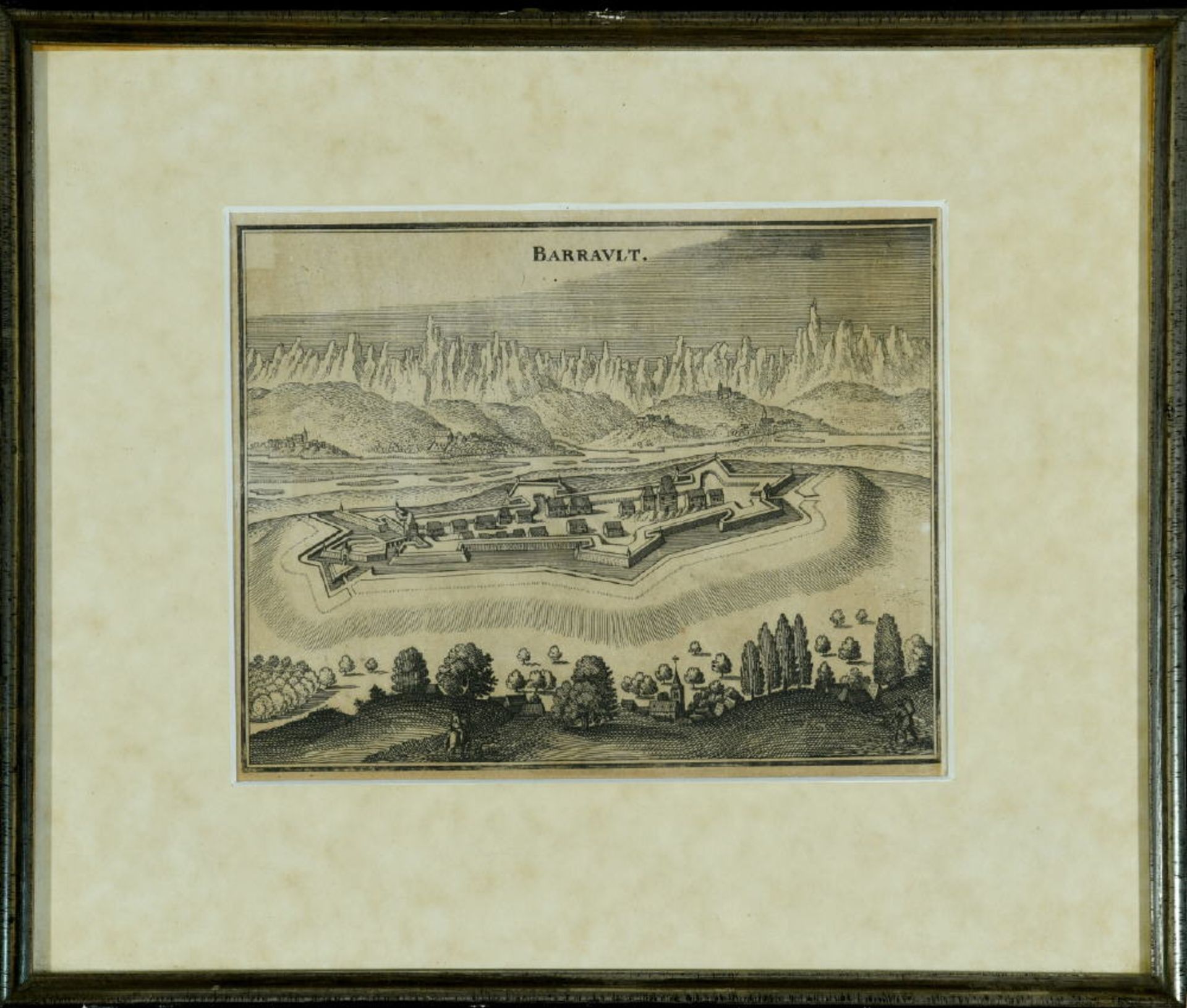 Barrault, FestungKupferstich, 13 x 17,5 cm, von Merian, 17. Jh., RBarrault, FestungKupferstich, 13 x