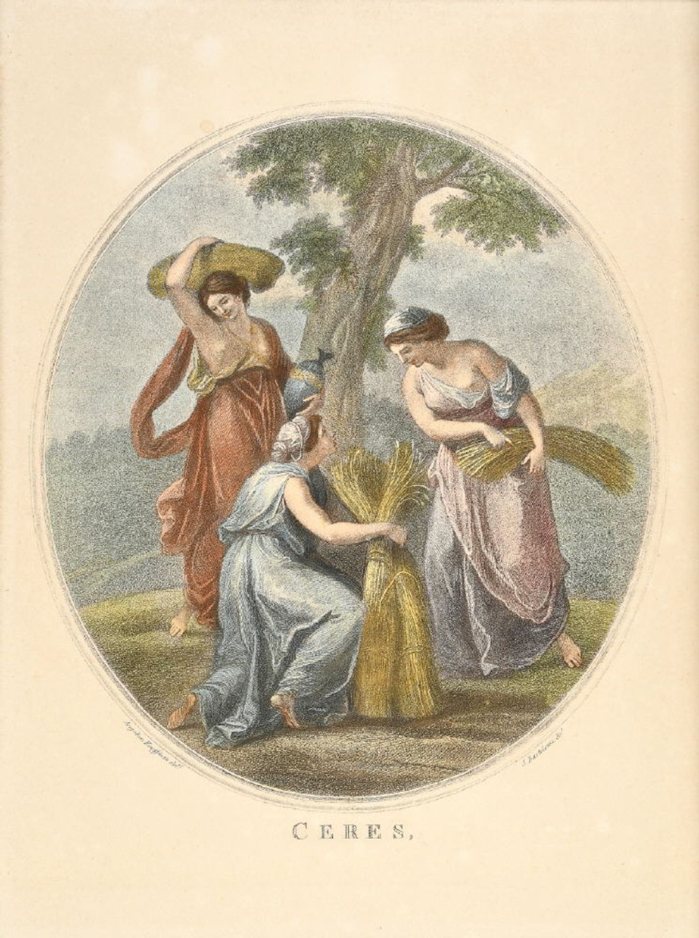 Lithographie, 19. Jh.handcolor., oval, 30 x 27 cm, betit. " Ceres ", von J. Bartolozzi, nach A.