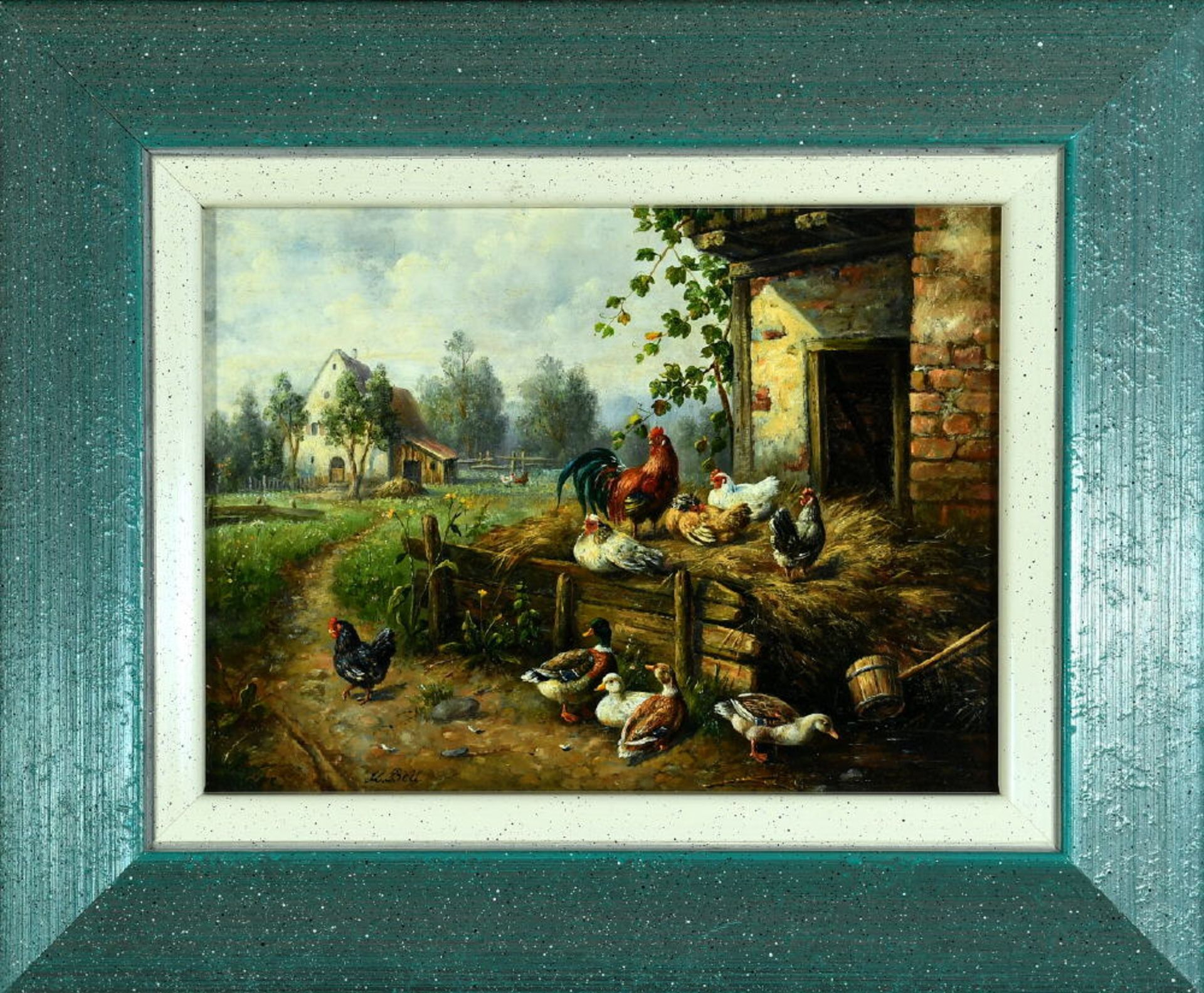 Beil, Karin, 1946 Zwolen (Böhmen)Öl/Lwd auf Sperrholzplatte gez., 15 x 20 cm, " Hühnerhof ", u.l.