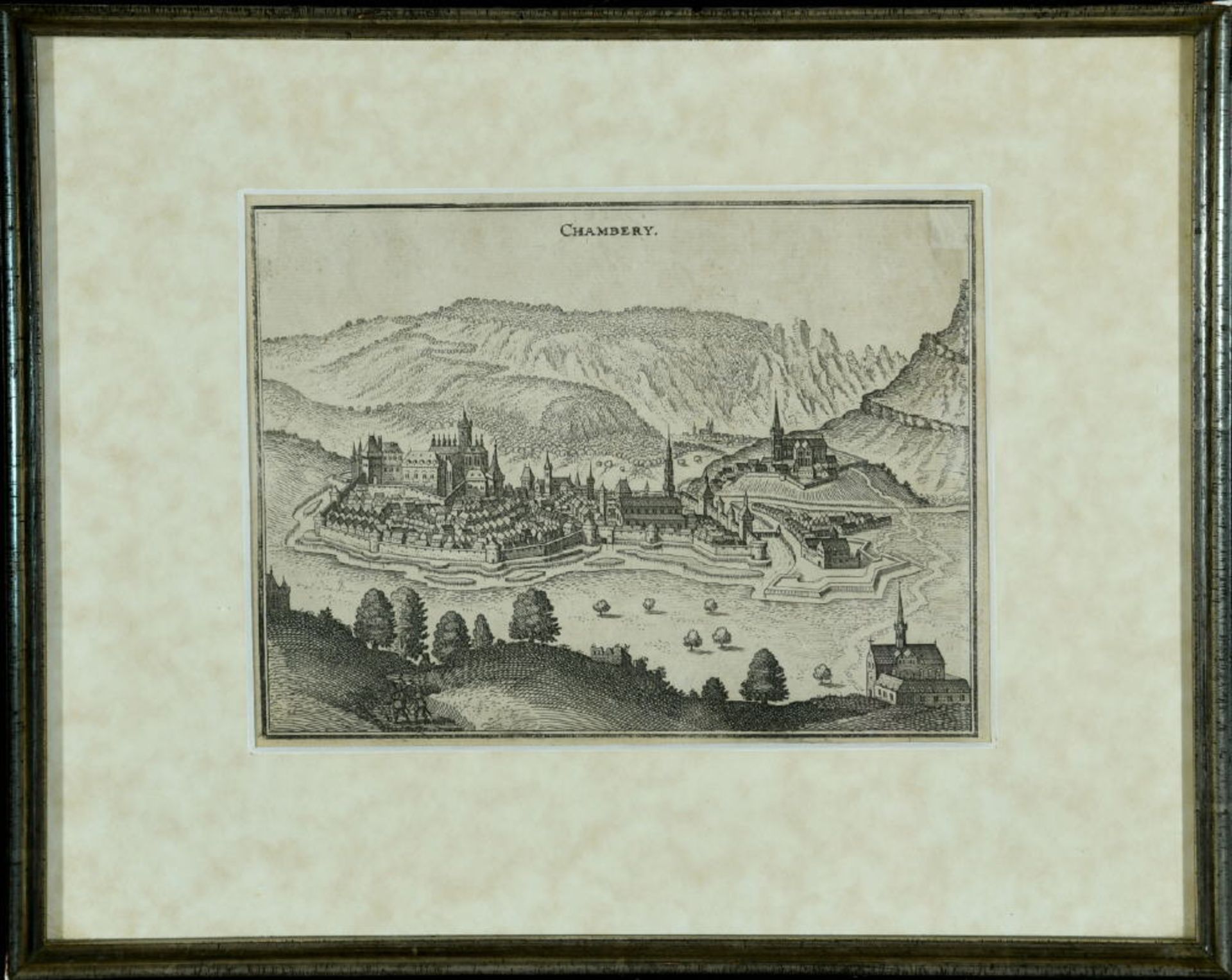Chambery, GesamtansichtKupferstich, 13,5 x 17,5 cm, von Merian, 17. Jh., RChambery,