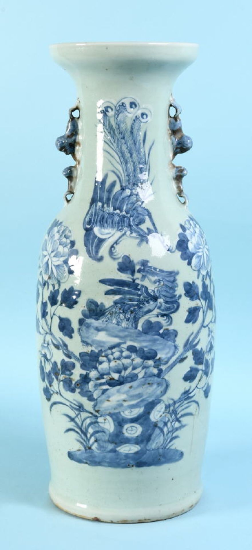 BodenvasePorzellan, handbemalt, blaues/weißes Blumen- u. Vogeldekor, Balusterform, H= 60 cm,
