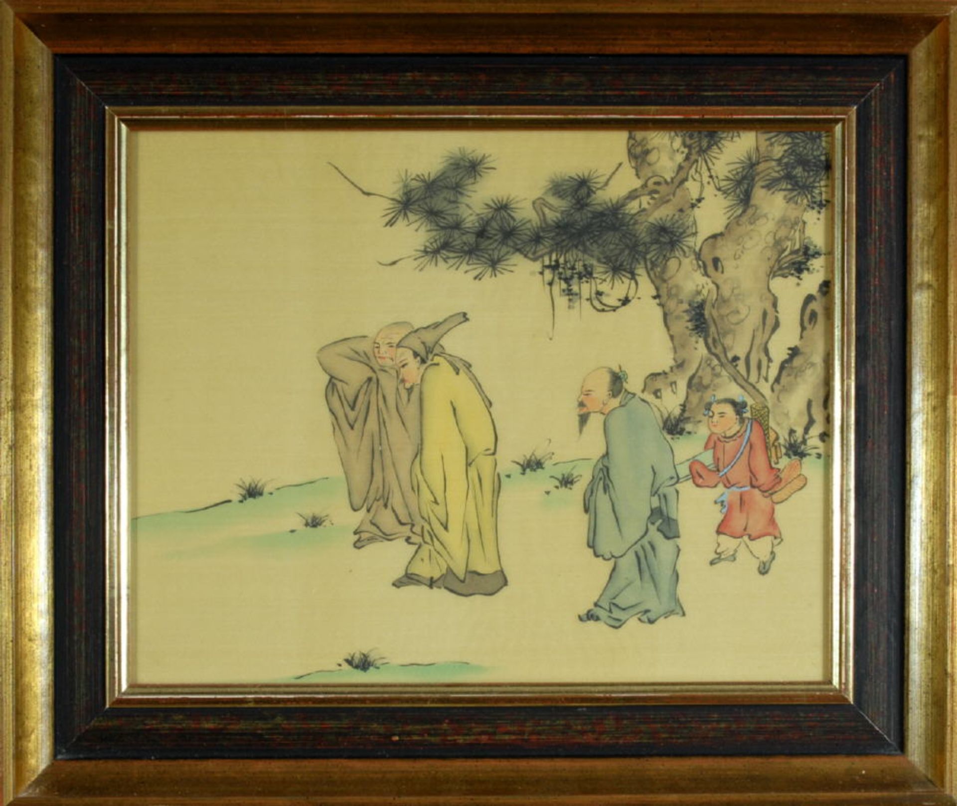 Chinesischer Künstler des 19./20. Jh.Federzeichnung, aquarell., auf Seide, 26 x 33 cm, " Personen in