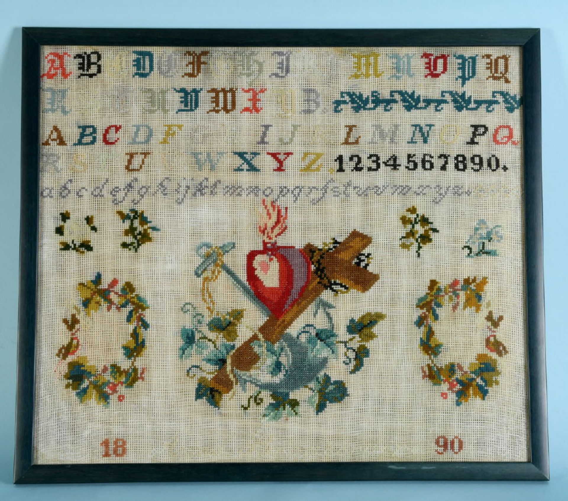 Stickmustertuch, 189049 x 56,5 cm, reich bestickt, undeutl. bez. "Anna B...", RStickmustertuch,
