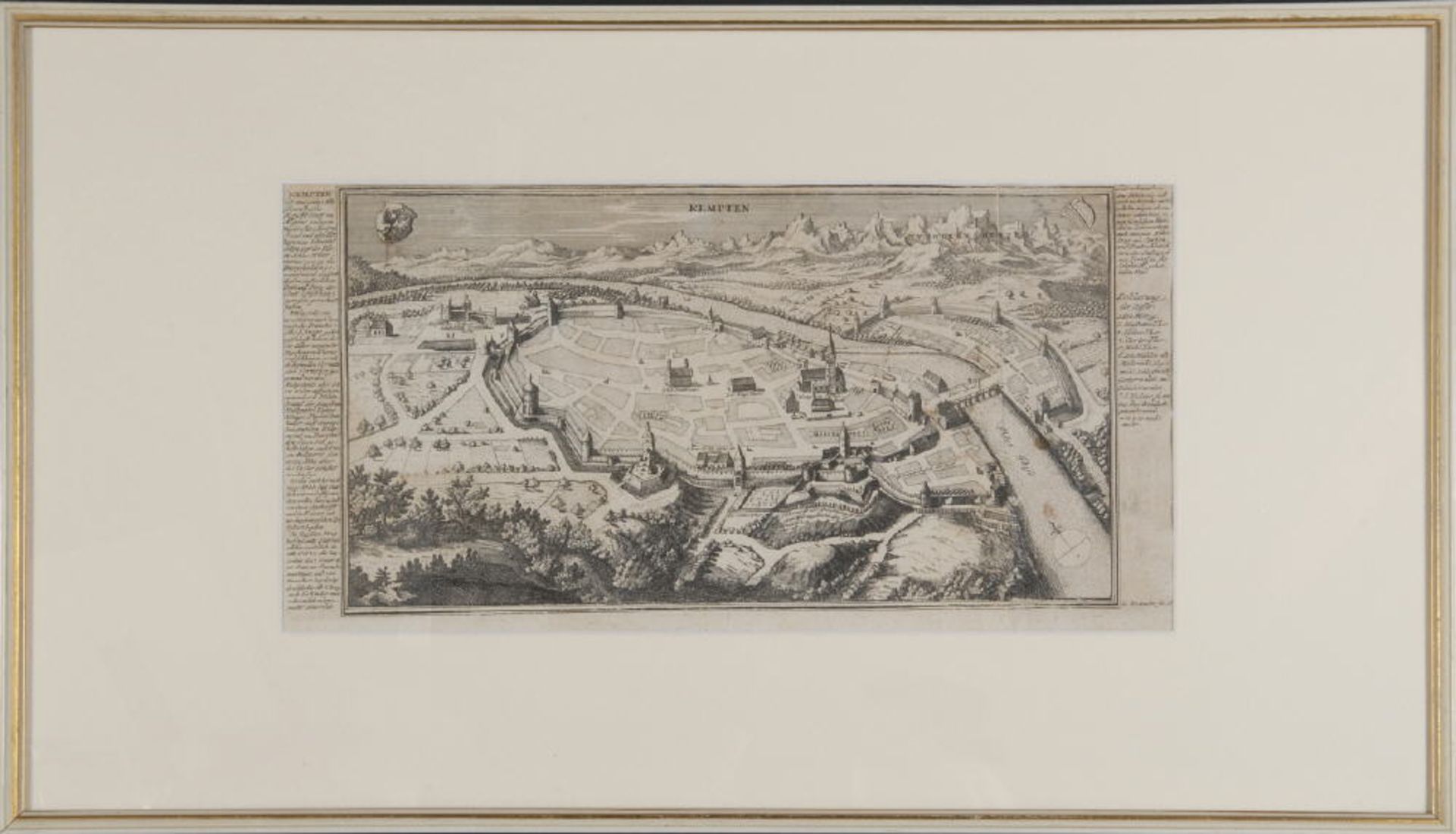 Kempten, Gesamtansicht aus der VogelschauKupferstich, 17 x 31 cm, von Bodenehr, 18. Jh., leicht