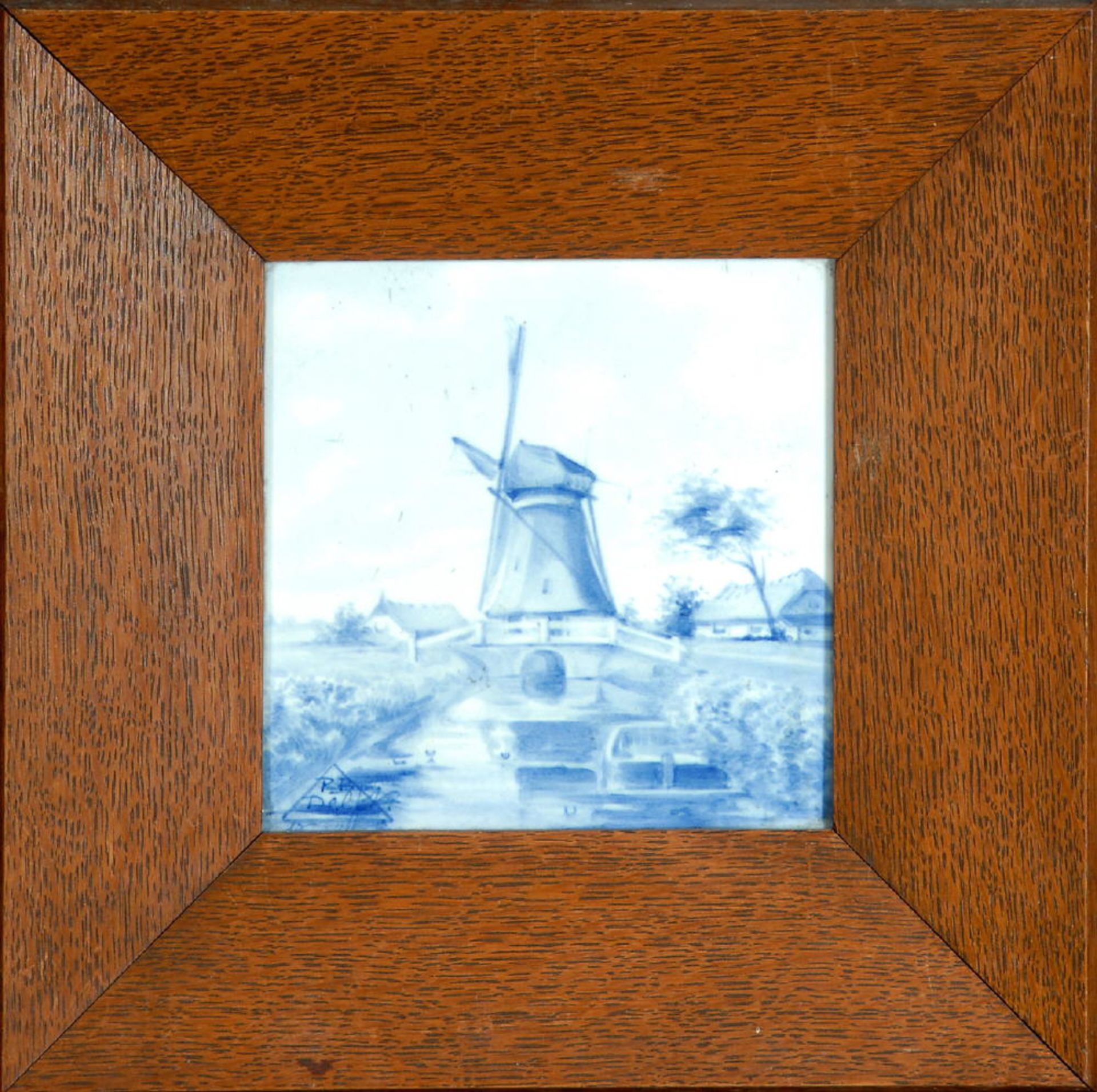 Wandfliese "Delft"Fayence, beige Glasur, handbemalt, blaues Landschaftsmotiv mit Windmühle, 14,5 x