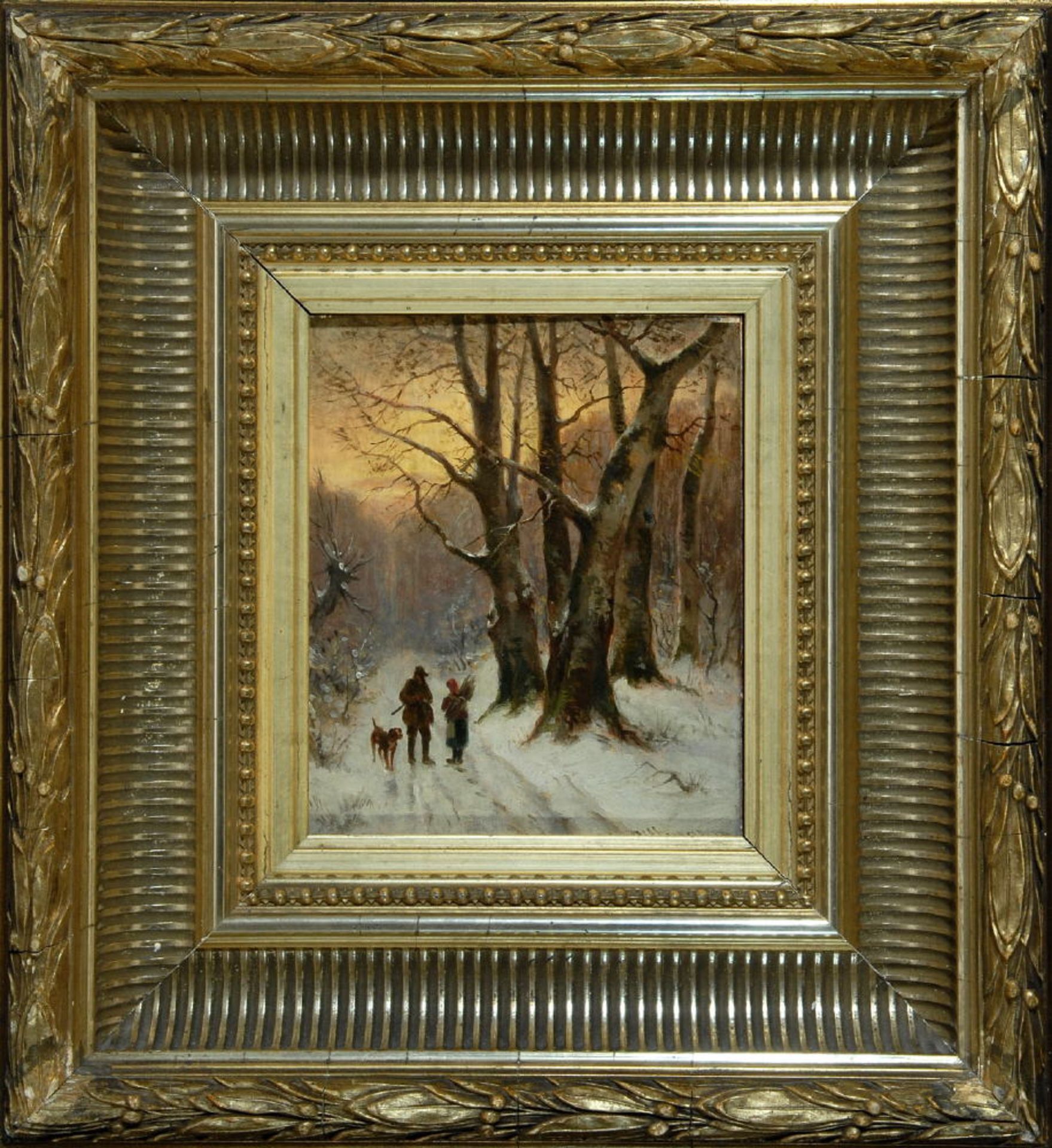 Dittmann, Edmund, tätig 1856 - 1876Öl/Holz, 17 x 14 cm, " Jäger und Reisigsammlerin im Winterwald ",