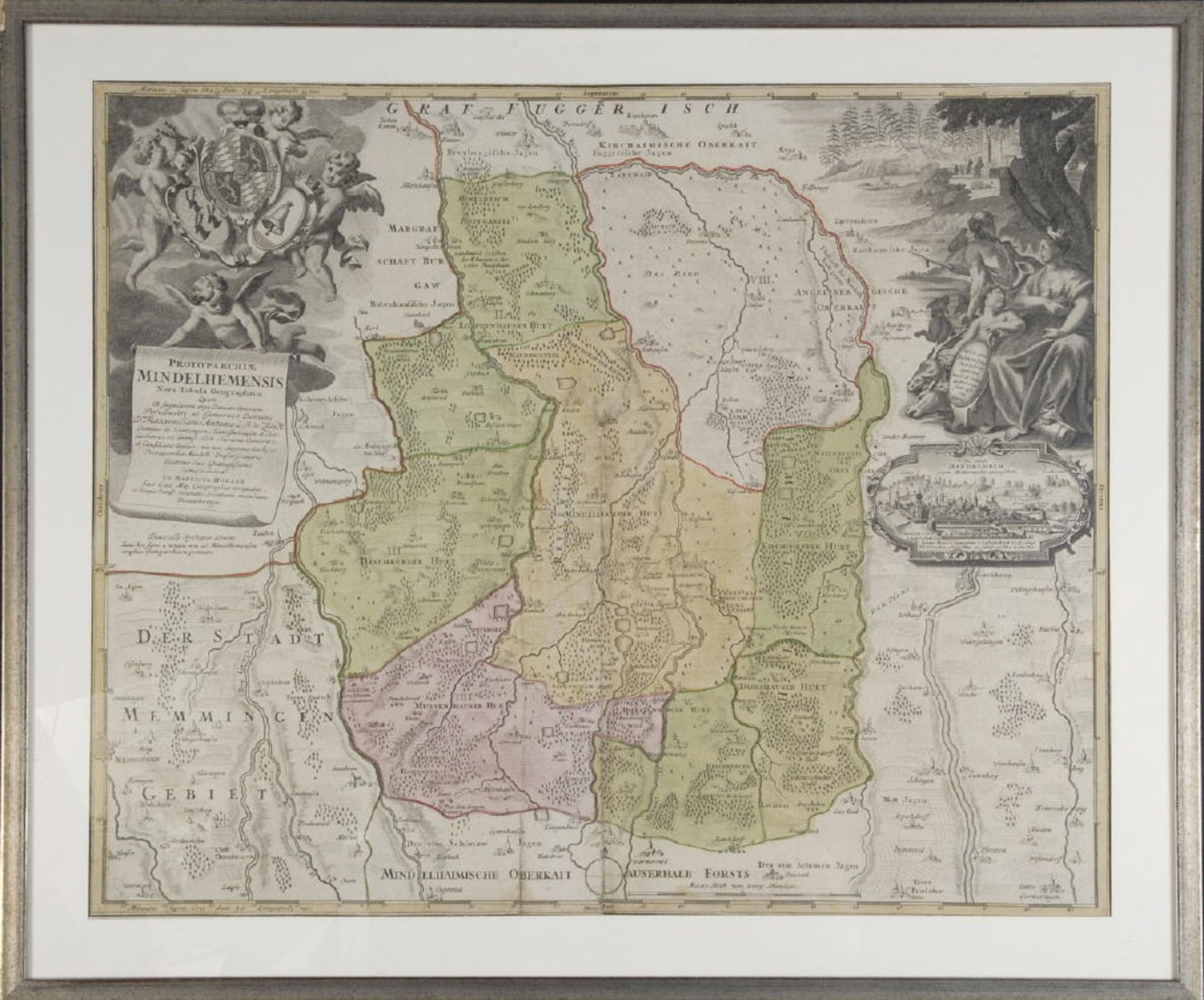 Landkarte "Mindelheim (Mindelhemensis)"Kupferstich, handcolor., 48,5 x 58 cm, von Homann, um 1700,