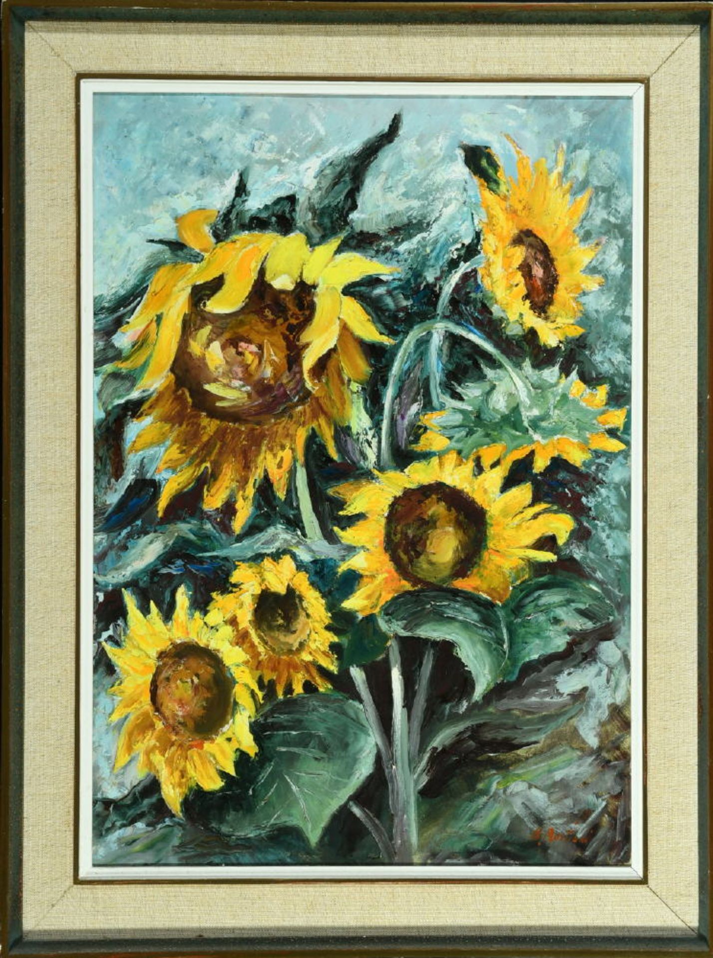 Blumenmaler des 20. Jh.Öl/Lwd, 70 x 50 cm, " Sonnenblumen ", u.r. undeutl. sign.Blumenmaler des