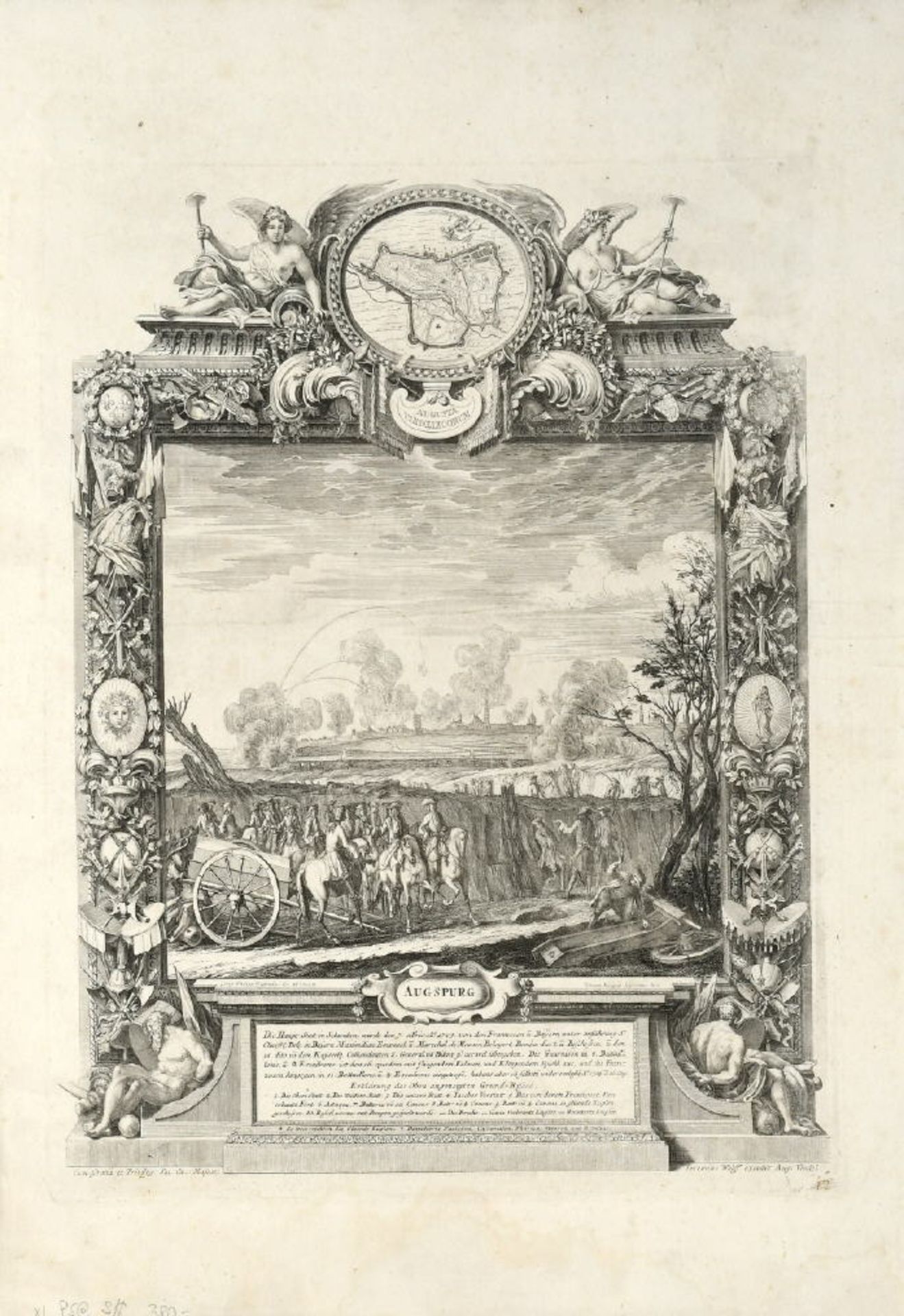 Augsburg, Gesamtansicht mit Belagerung 1703Kupferstich, 41 x 35,5 cm, von Corvinus, bei J. Wolff,