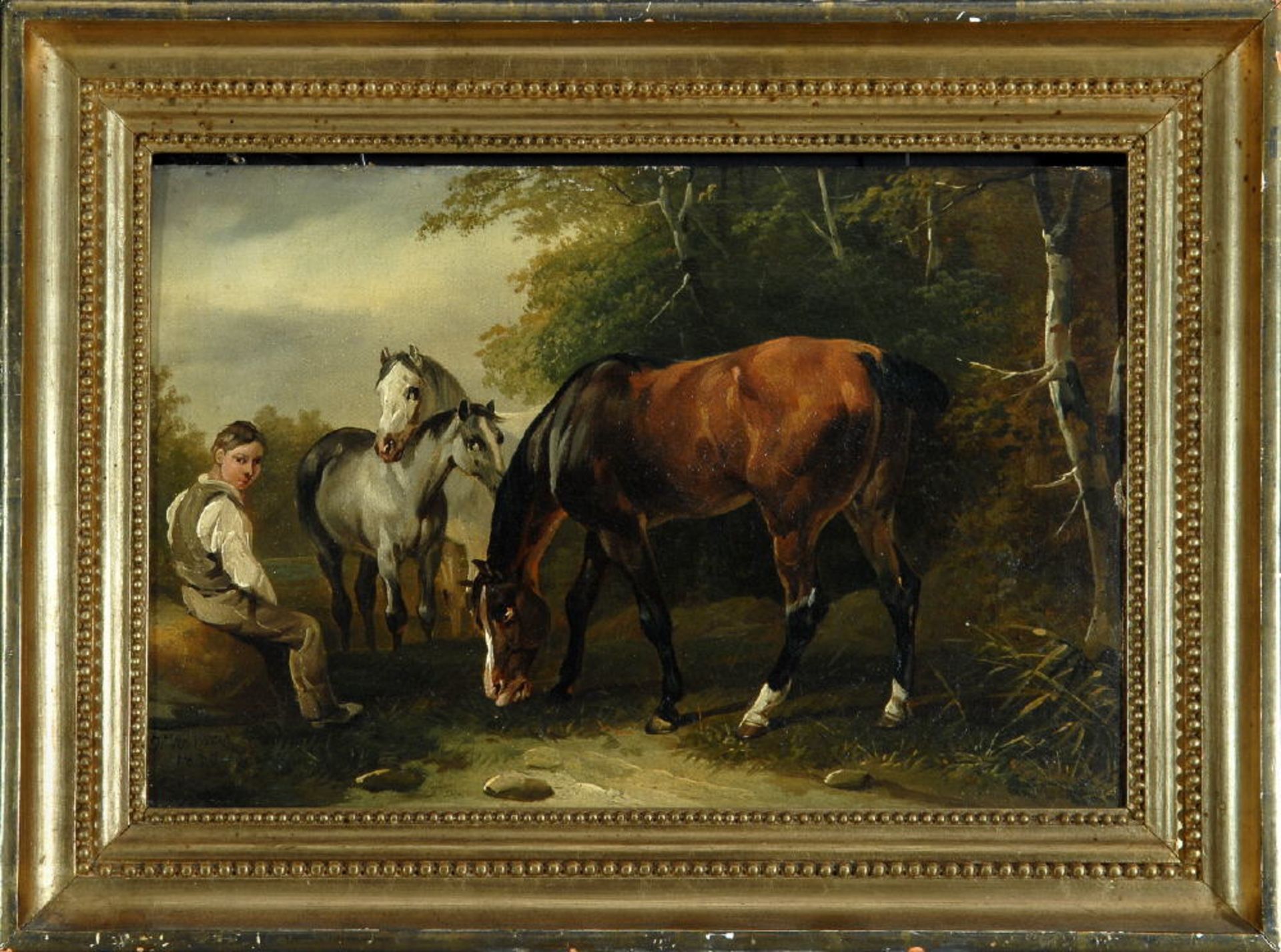 Volmar, Joseph Simon, 1796 - 1865 BernÖl/Lwd auf Holz gez., 22 x 33,5 cm, " Pferdeknecht mit Pferden