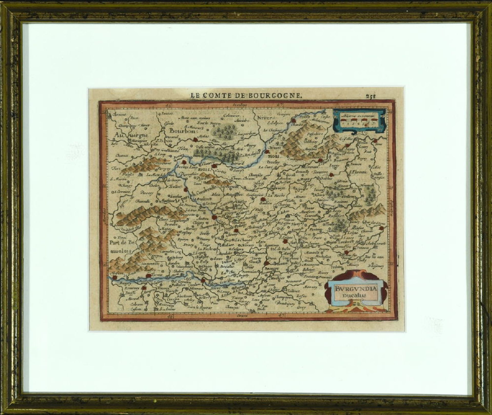 Landkarte "Burgundia ducatus"Kupferstich, handcolor., 14 x 19 cm, von Mercator, aus "Atlas Minor",