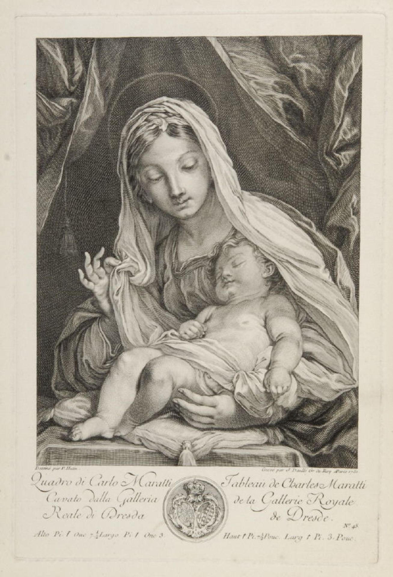Daullé, Jean, 1703 Abbeville - 1763 ParisRadierung, 28,5 x 21,5 cm, " Madonna ", nach Hutin, i.d.Pl.