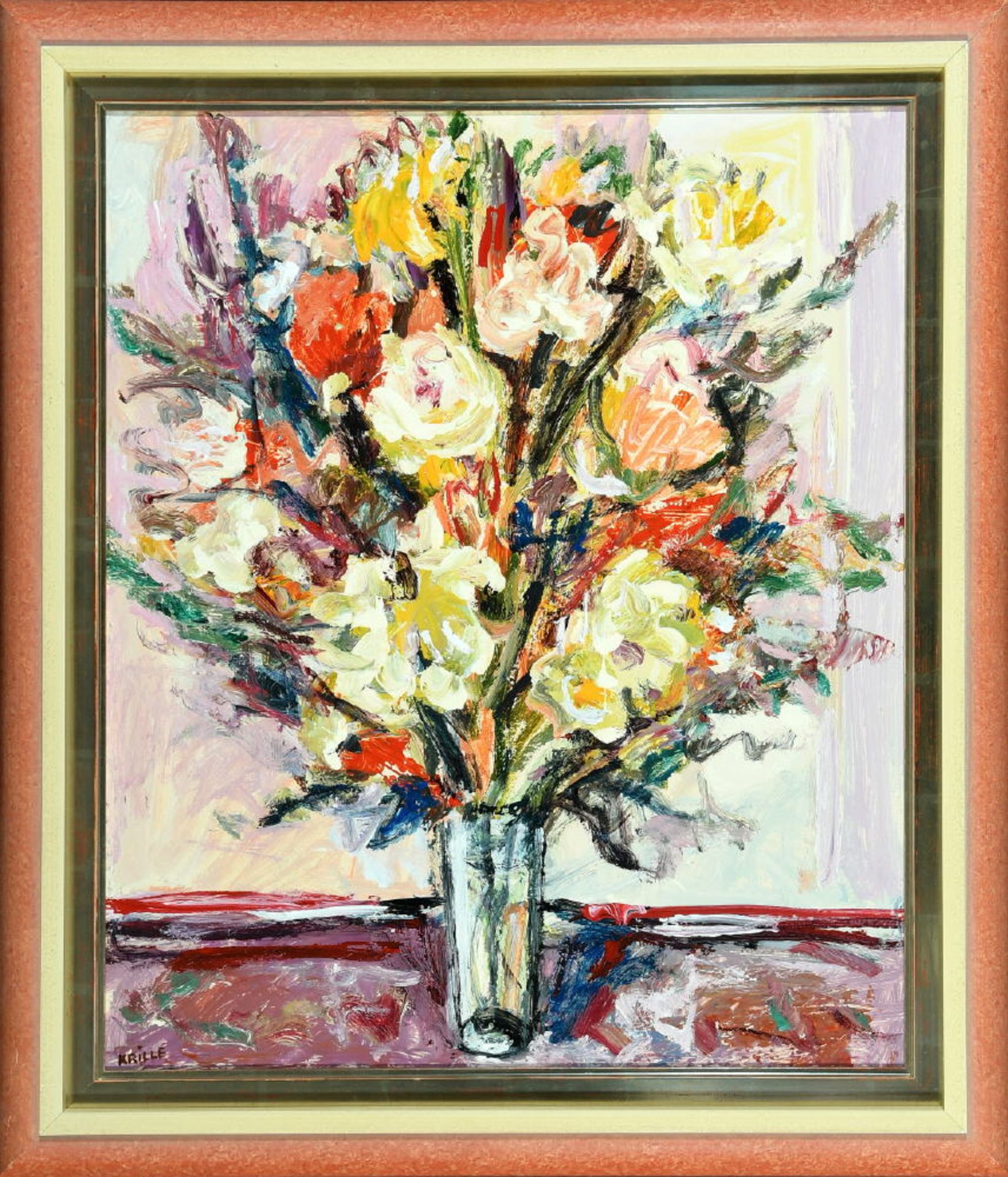 Krillé, Jean, 1923 Zürich - 1991 Mont-sur-Rolle/Kt. WaadtAcryl/Hartfaser, 60 x 50 cm, " Blumen in