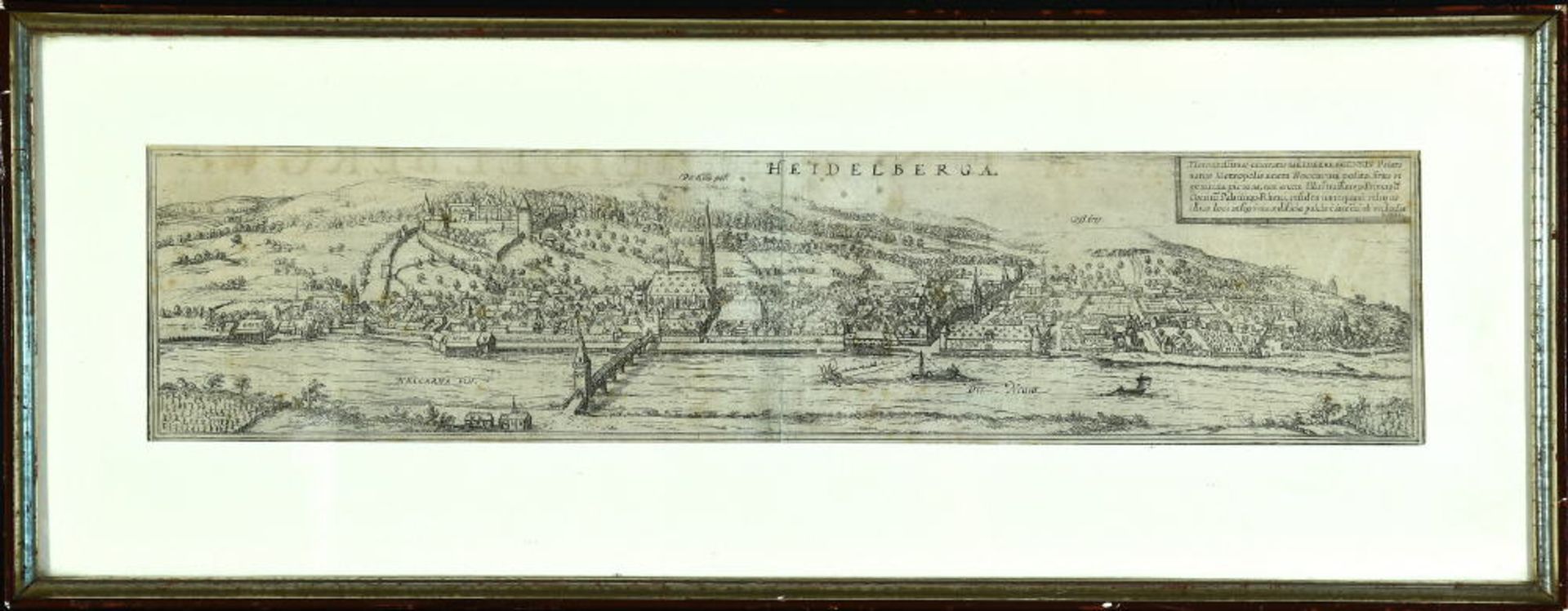 Heidelberg, GesamtansichtKupferstich, 11 x 47 cm, von Braun & Hogenberg, 16. Jh., RHeidelberg,