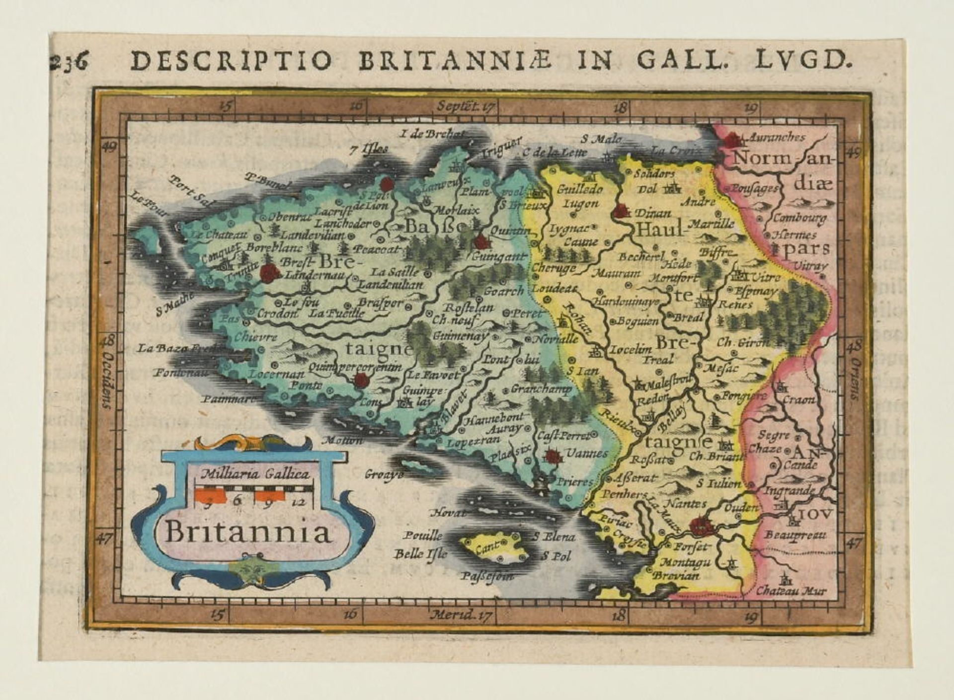 Landkarte "Britannia"Kupferstich, handcolor., 9,5 x 13,5 cm, von Bertius, 17. Jh., PLandkarte "