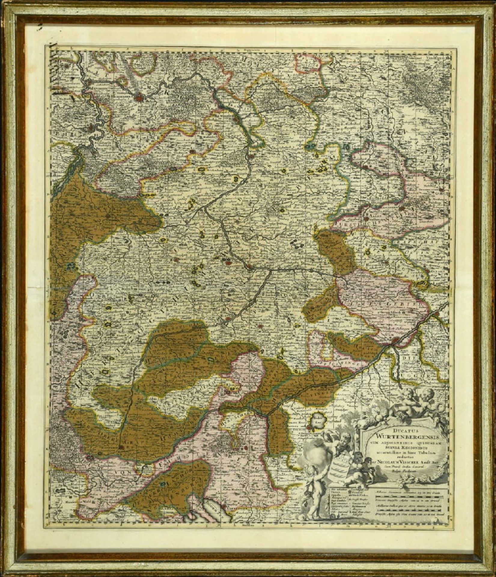 Landkarte "Ducatus Wurtenbergensis"Kupferstich, handcolor., 55,5 x 47 cm, von Visscher, 17. Jh.,