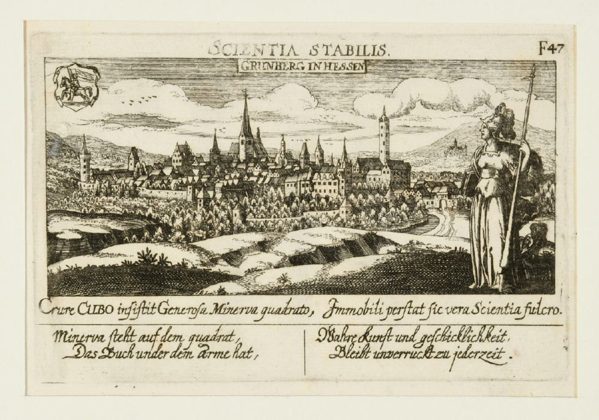 Grunberg/Hessen, GesamtansichtKupferstich, 10 x 15 cm, aus Meisner's Schatzkästlein, Blatt 47, 17.