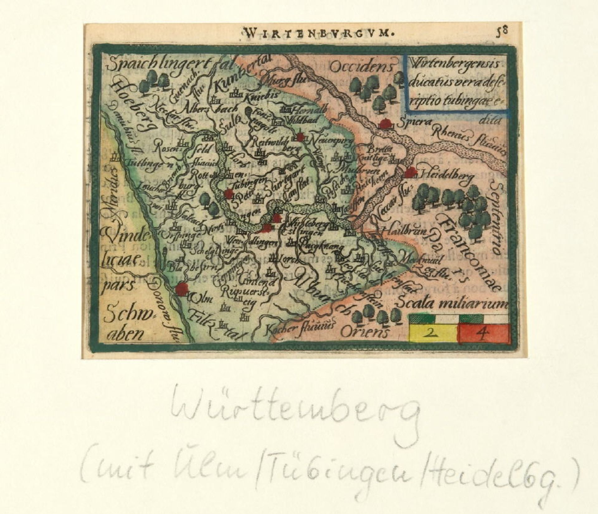 Landkarte "Wirtenbergensis ducatus vera descriptio tubingae..."Kupferstich, handcolor., 8 x 10,5 cm,