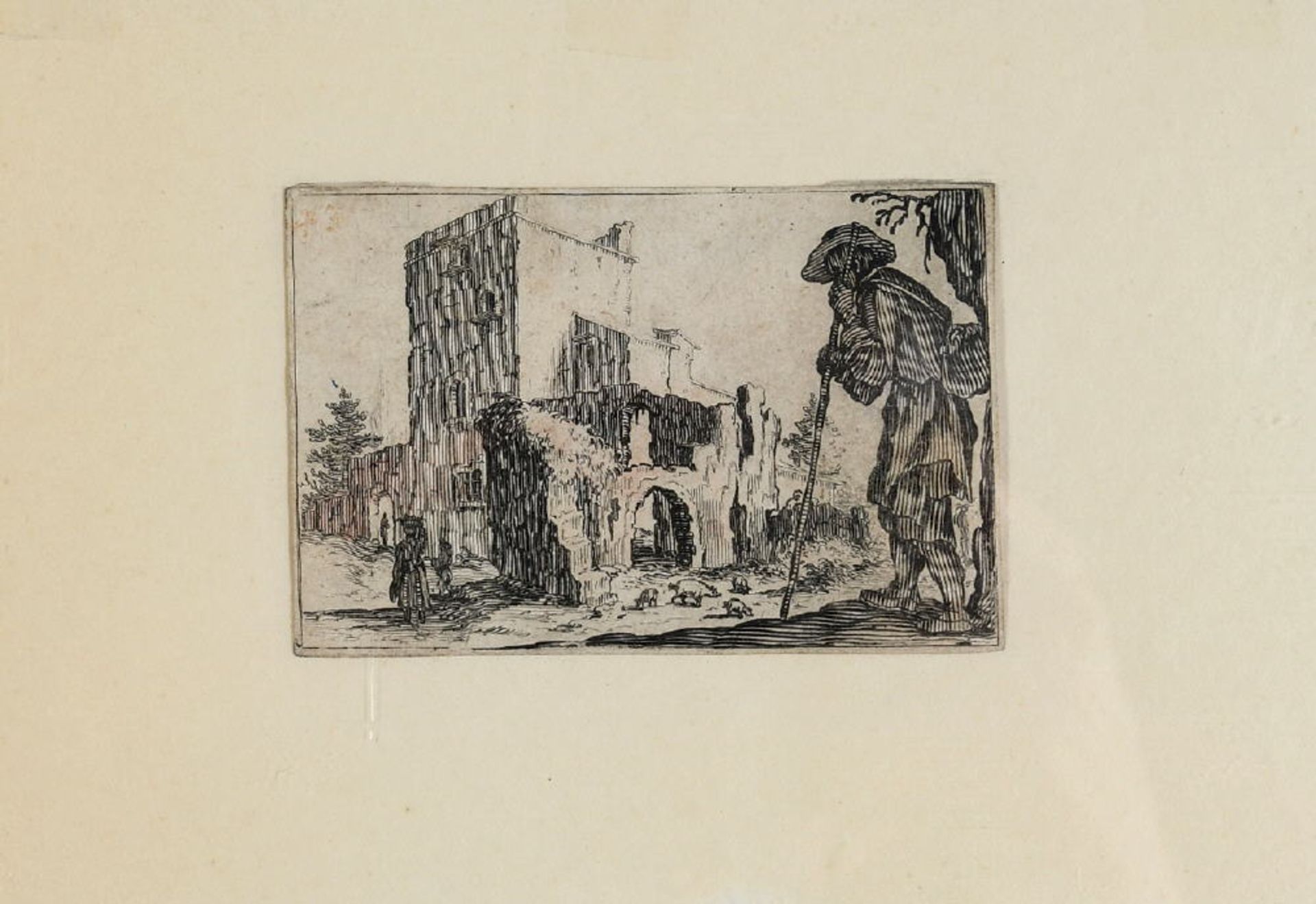 Radierung, 17. Jh.ca. 5 x 8 cm, " Häuserruine mit Figurenstaffage ", wohl Stefano della Bella,