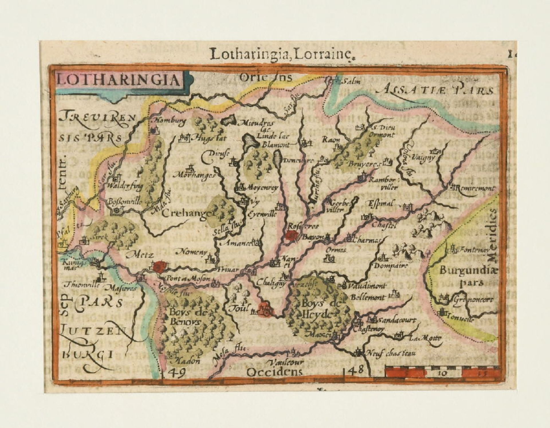 Landkarte "Lotharingia"Kupferstich, handcolor., 9 x 12,5 cm, bei Langenes, um 1600, PLandkarte "