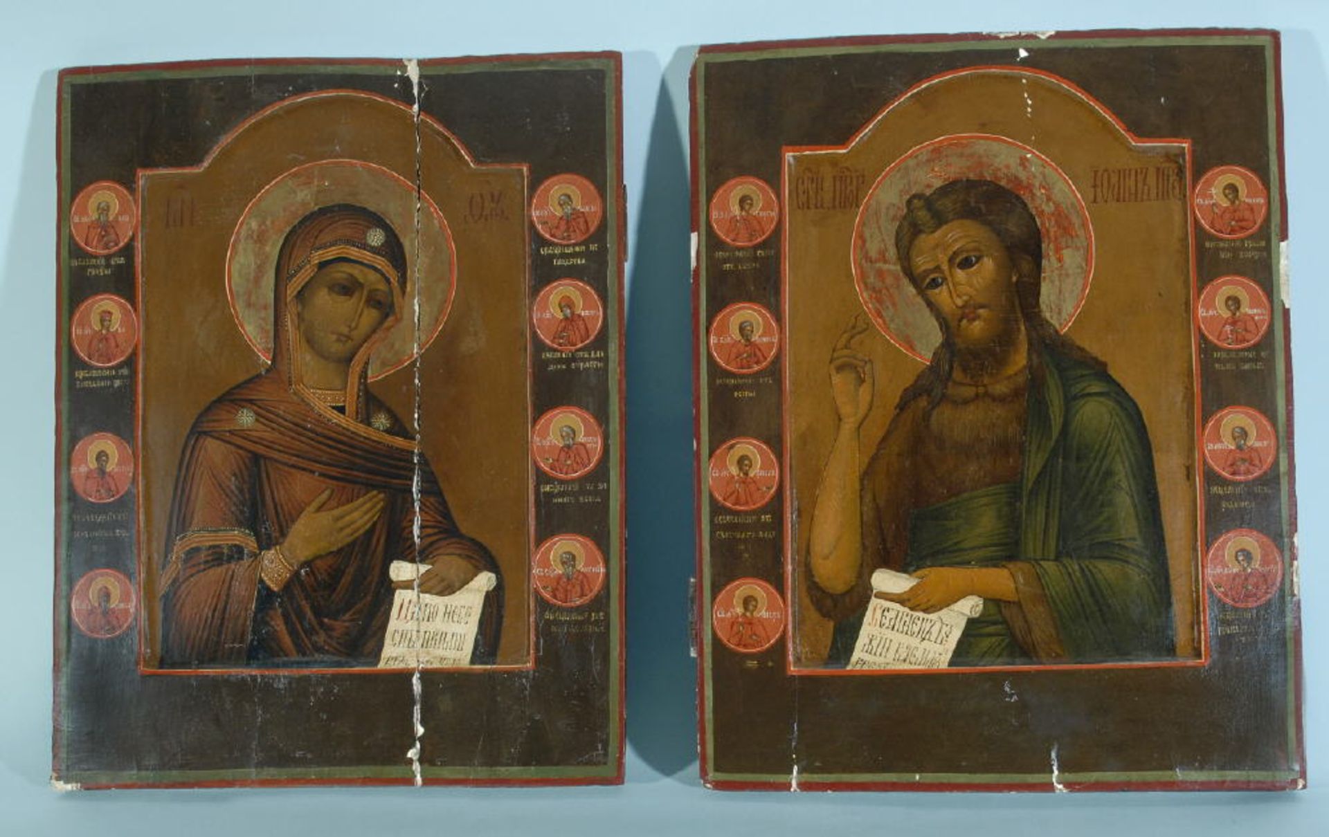 Ikonen-Paar "Johannes der Täufer und Muttergottes"Eitempera/Holz, je 52 x 41 cm, je 8 Randheilige,