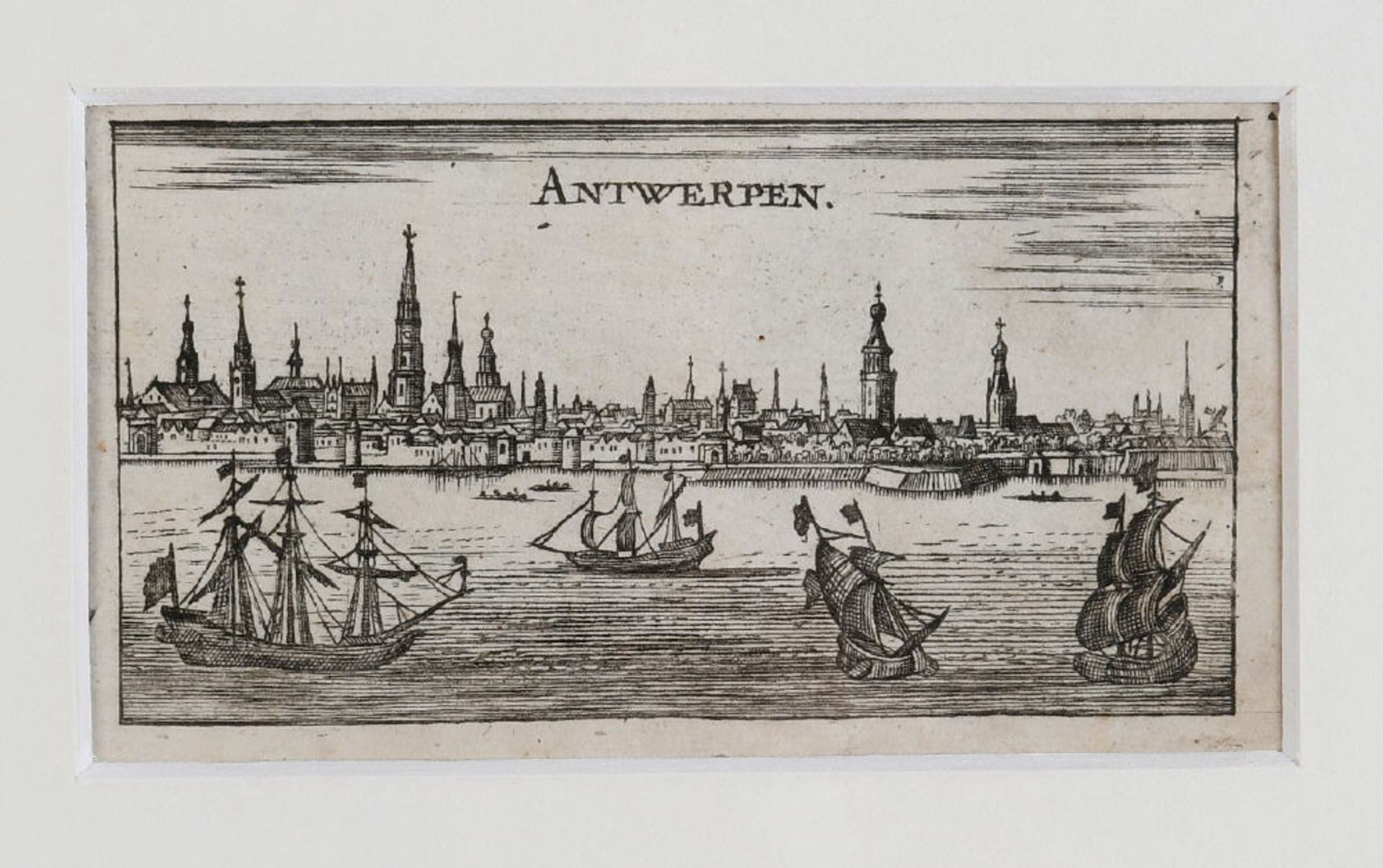 Antwerpen, GesamtansichtKupferstich, 6 x 11 cm, von Riegel, um 1690, PAntwerpen,
