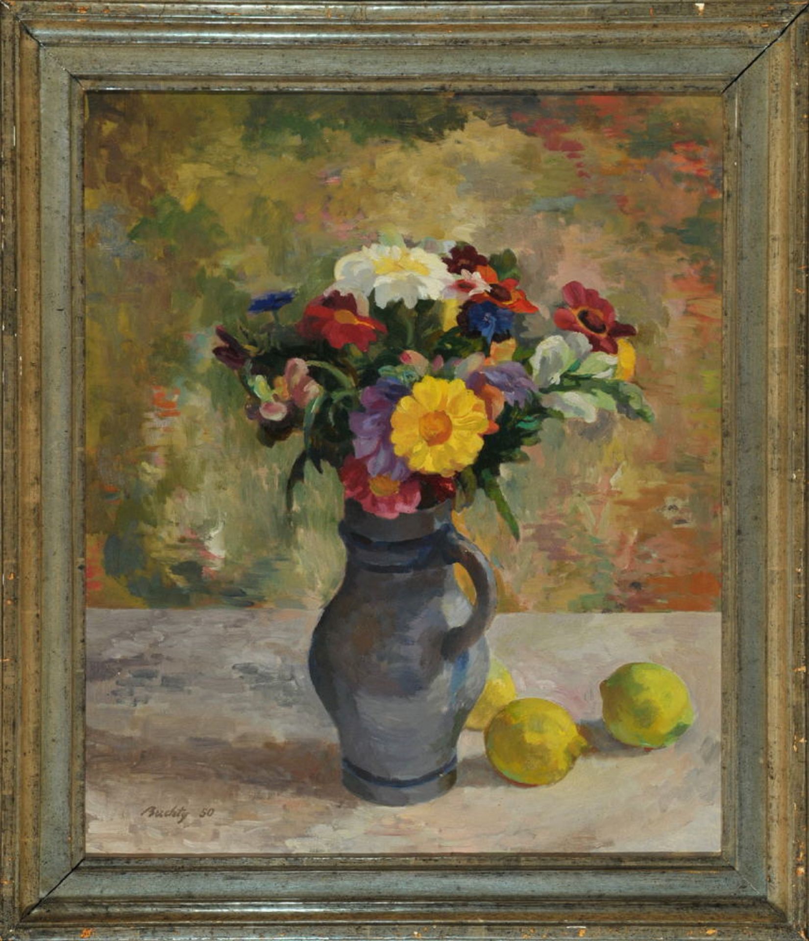 Buchty, Josef, 1896 Aachen - 1966 Garmisch-PartenkirchenÖl/Hartfaser, 64,5 x 54 cm, " Zinnien in