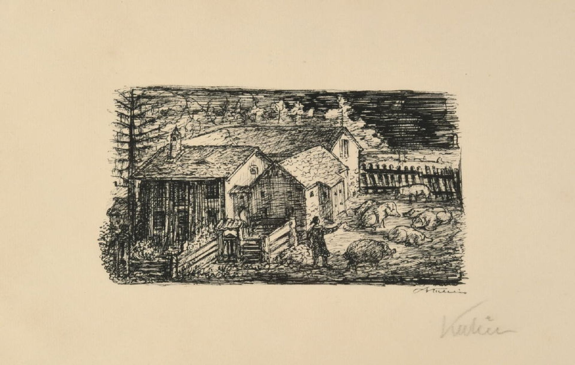 Kubin, Alfred, 1877 Leitmeritz - 1959 Schloss Zwickledt/InnRadierung, 9,5 x 18 cm, " Gehöft mit