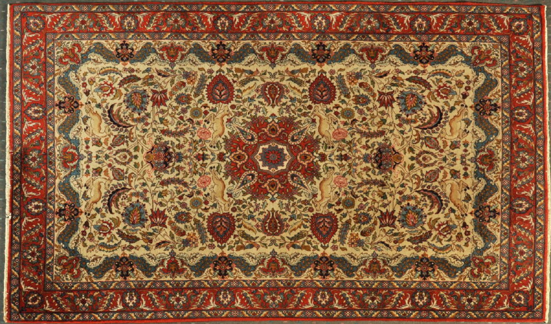 Kork-Isfahan, Persien, 130 x 210 cmälter, Korkwolle, sehr feine Knüpfung, beigegrundig, mehrfarb.