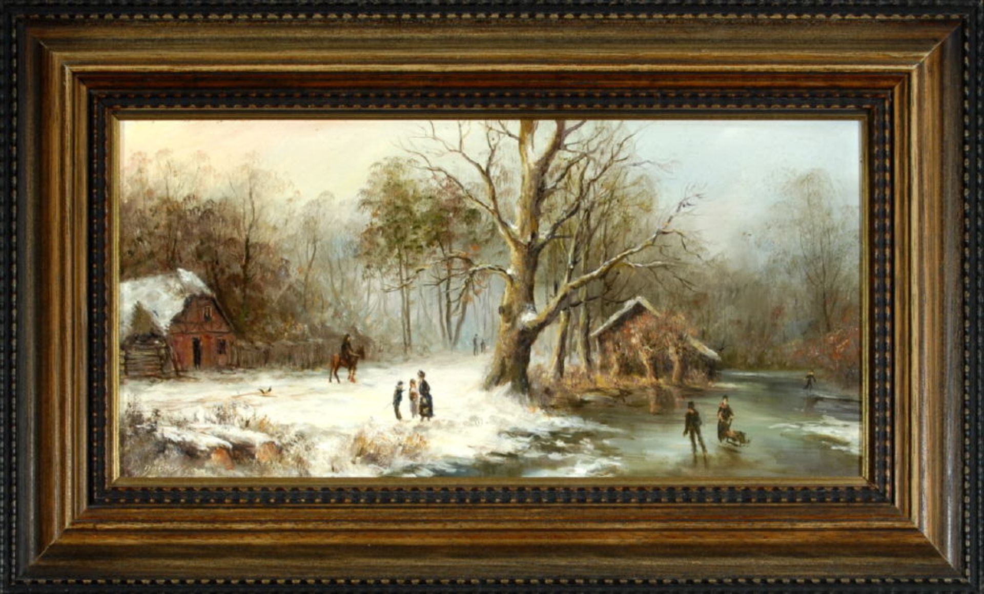 Döbler, Erich, 1920 Schneeberg/ErzgebirgeÖl/Hartfaser, 20 x 40 cm, " Winterlandschaft mit