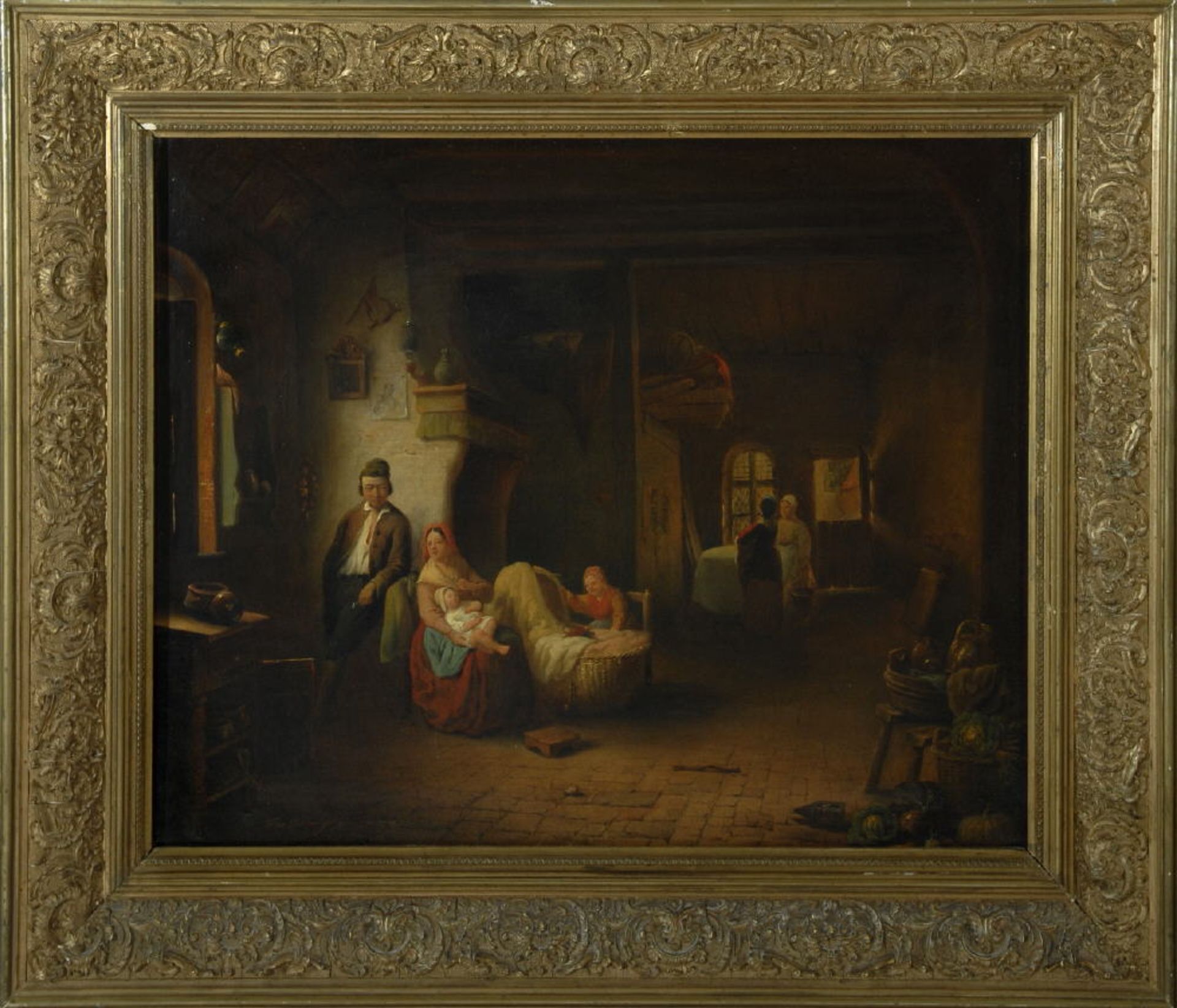 Eycken, Julie van, 1812 BrüsselÖl/Lwd, 55 x 65 cm, " Stubeninterieur mit junger Familie ", u.l.