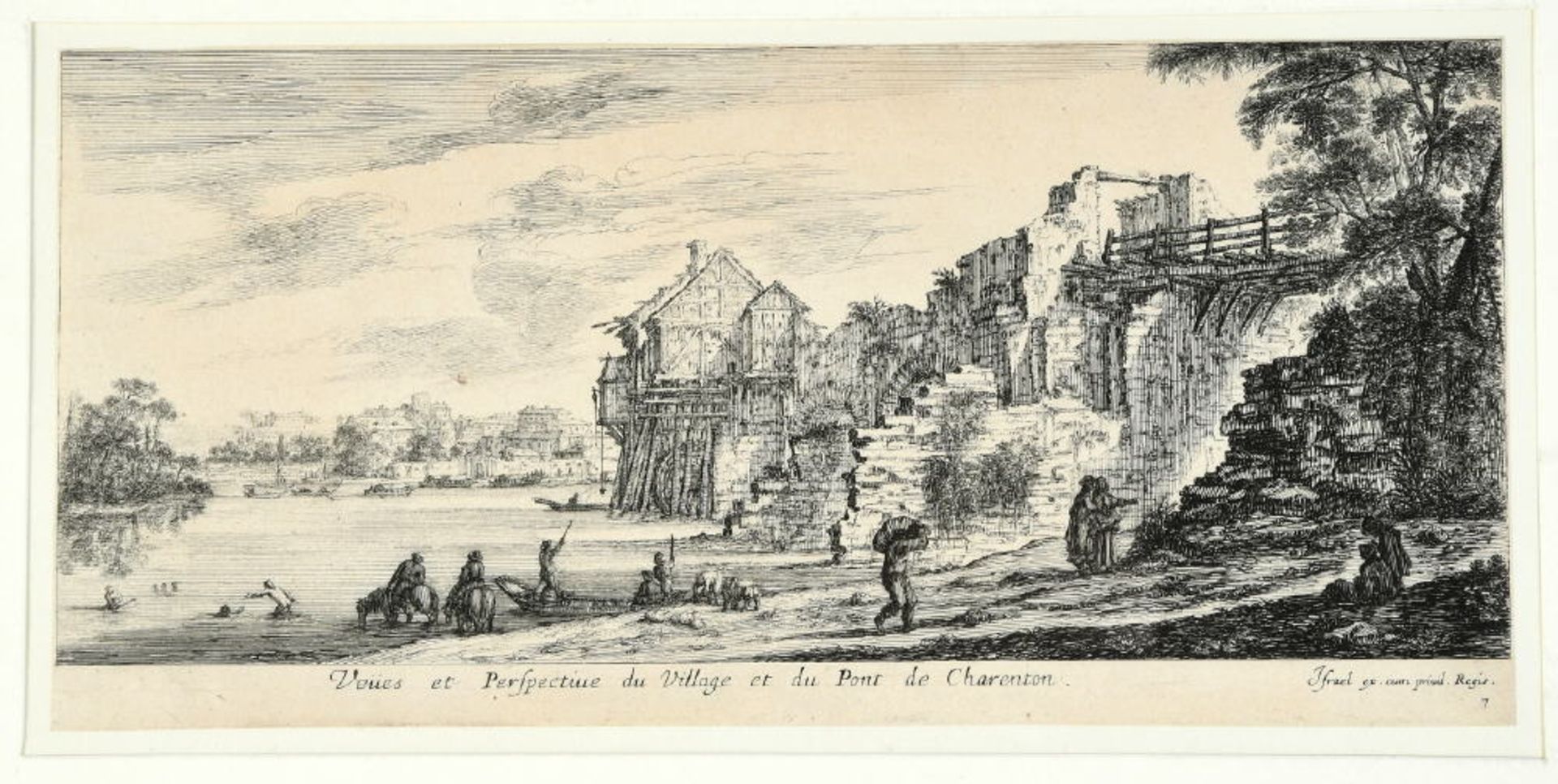 Charenton-le-Pont, Blick auf Dorf und BrückeRadierung, 11 x 25,5 cm, von Israel, 18. Jh.,