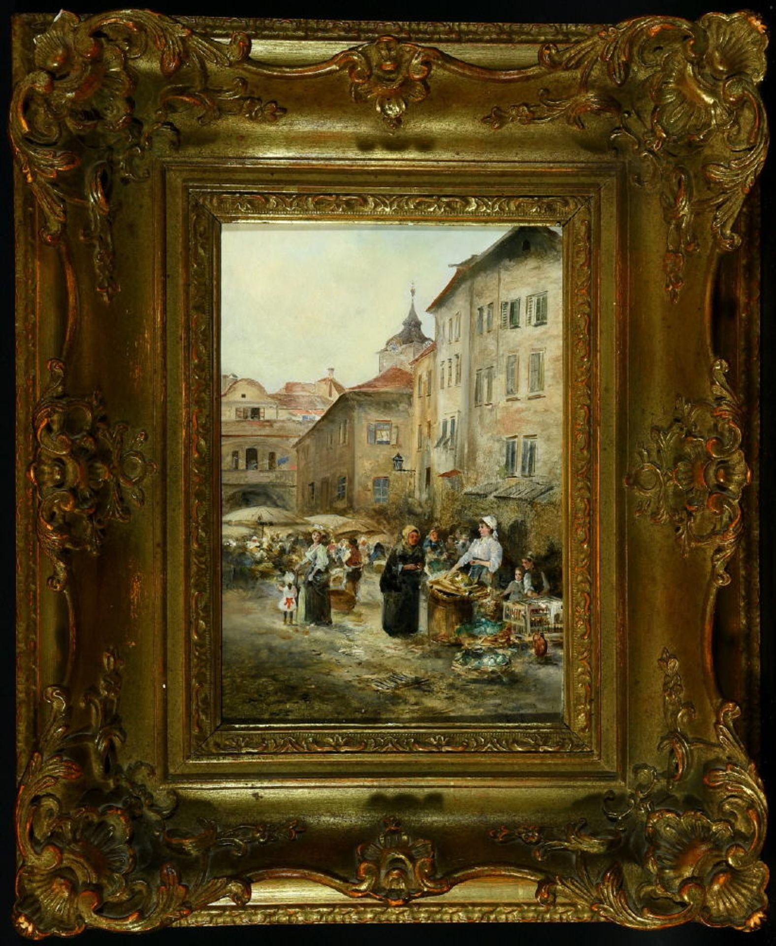 Barbarini, Emil, 1855 Wien - 1933 Brunn am GebirgeÖl/Holz, 31 x 21 cm, " Markttag in einer