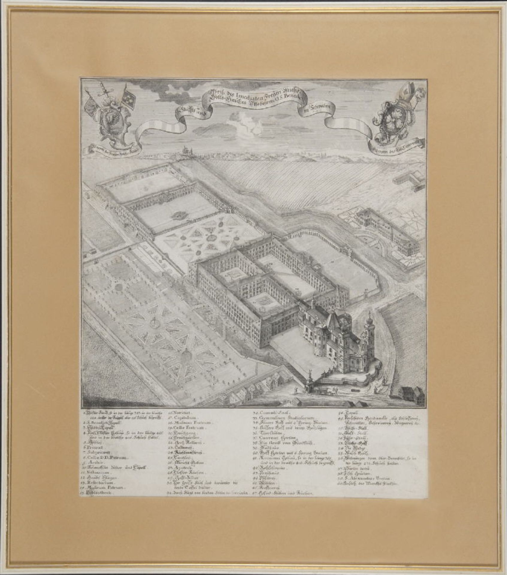 Ottobeuren, Klosteransicht aus der VogelschauKupferstich, 33,5 x 35,5 cm, 1.H. 18. Jh., leicht