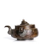 , Tibetan, copper tea pot, inlaid with silver. 19th cent.