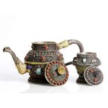 Tea set Chinese or Tibetan, gilded silver , jade and stones