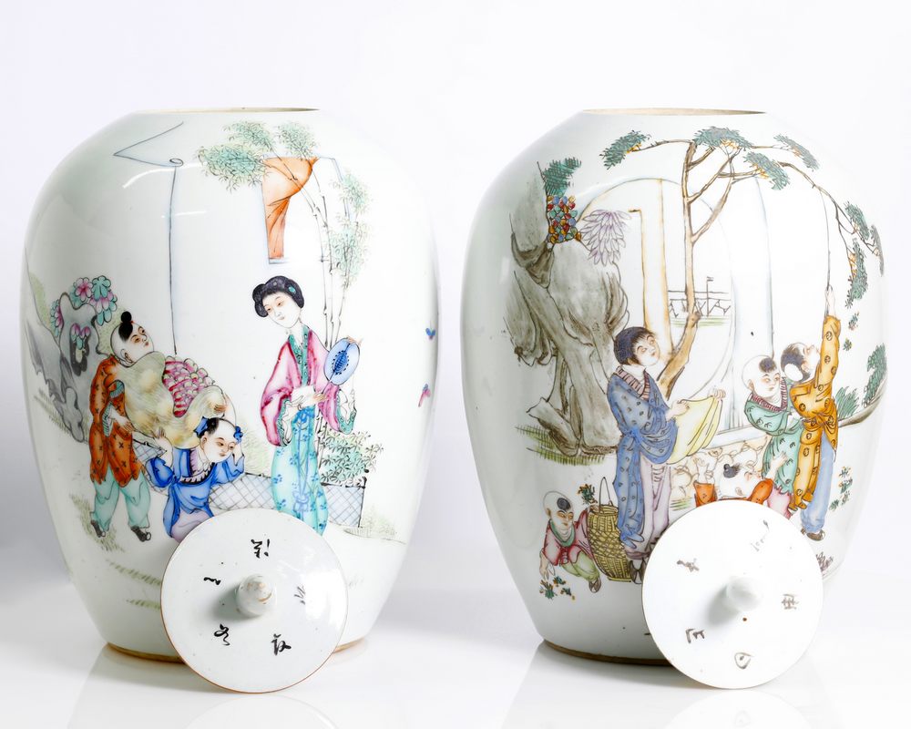 pair of antique Chinese, fine, enameled porcelain jars. Republic period