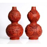 a pair of antique Chinese beautiful, well carved cinnabar vases Republic period