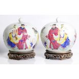 pair of old republic period round jars, portraying Shaou Lou, lotus boy and 2 sages