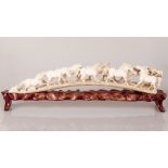 Mammoth Bone Tusk Scene Group of Horses on Wooden Stand