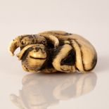 Japanaese Bone Netsuke Water Buffalo Laying Down w/ Rope Harness