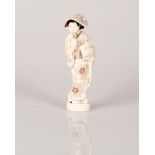 Japanese Bone Statuette Female Mandolin Player on Wooden Stand