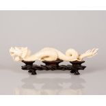 Old Chinese Bone Sculpture Dragon Figure on Matching Wooden Stand