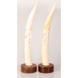 Pair of African Bone Tusks Bare-Breasted Girls on Wooden Stand