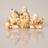 Bone Netsuke Scene Father & Sons Eating Fruit From Basket