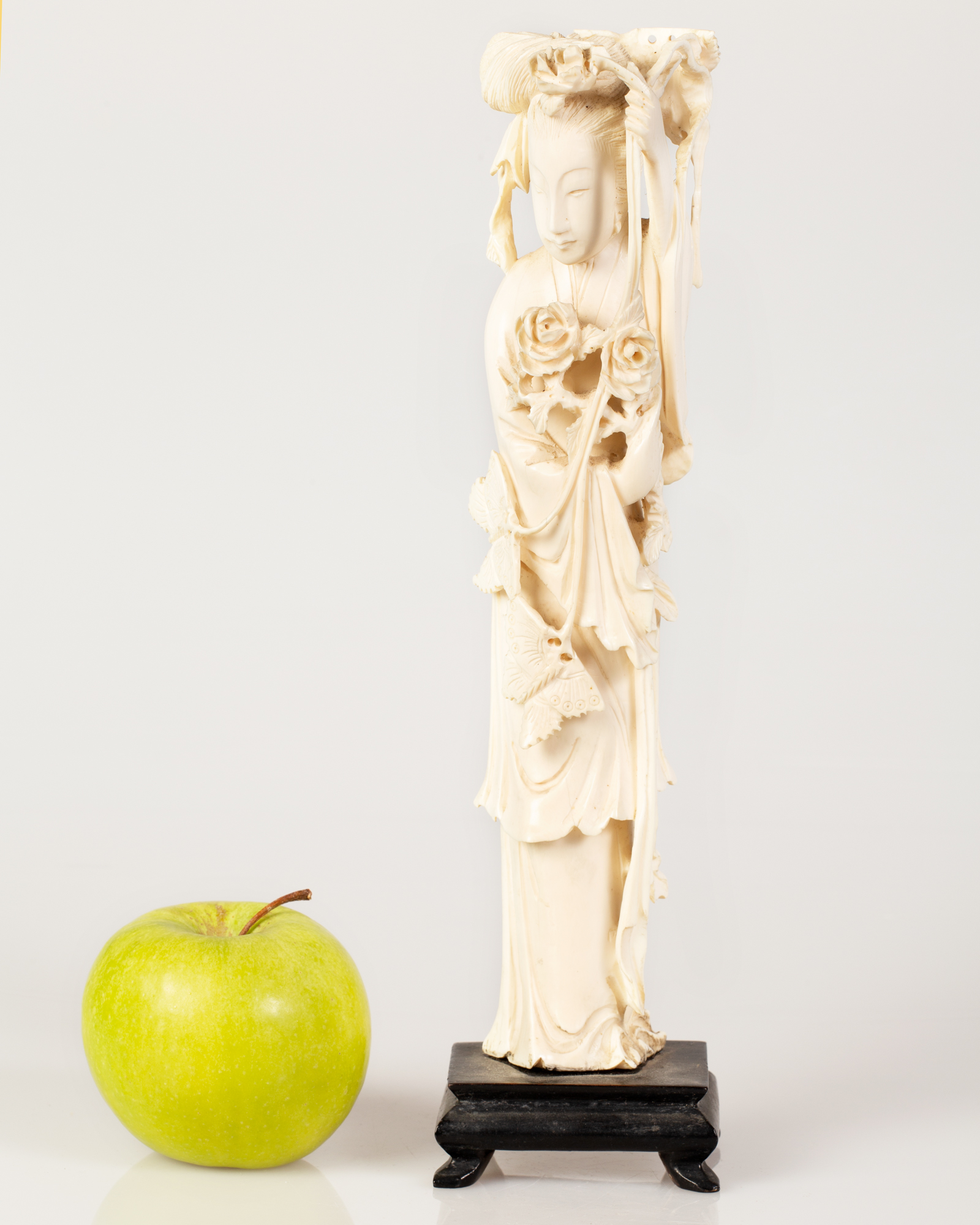 Chinese Bone Sculpture Girl Holding a Flowering Bouquet & High Wand in Her Hand - Image 2 of 3