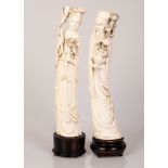 Pair of Chinese Bone Sculptures Figure of Man & Woman Holding Flowers