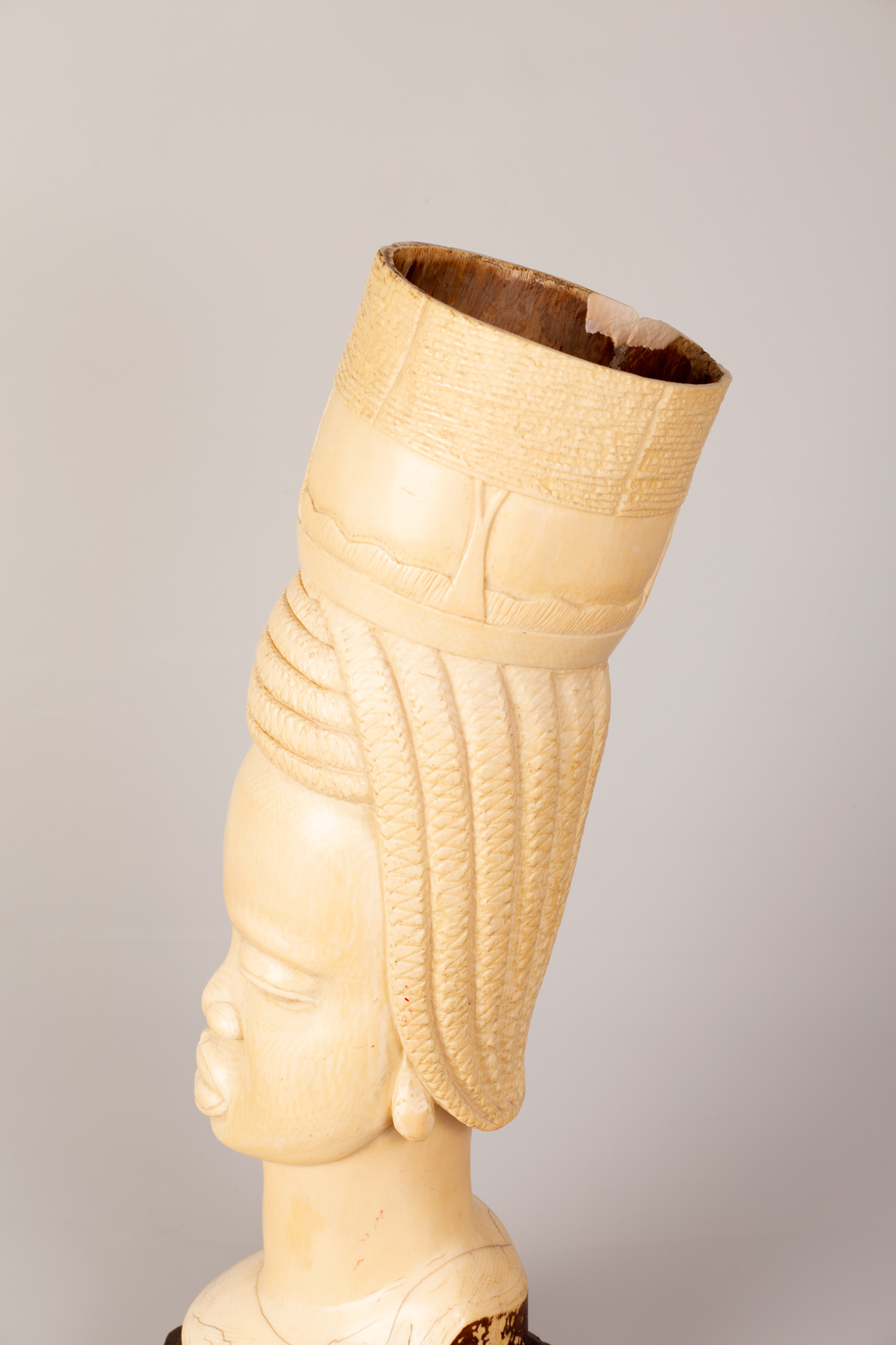 Large Sized Hollow African Bone Tusk Girl Figure on Wooden Stand - Image 3 of 4